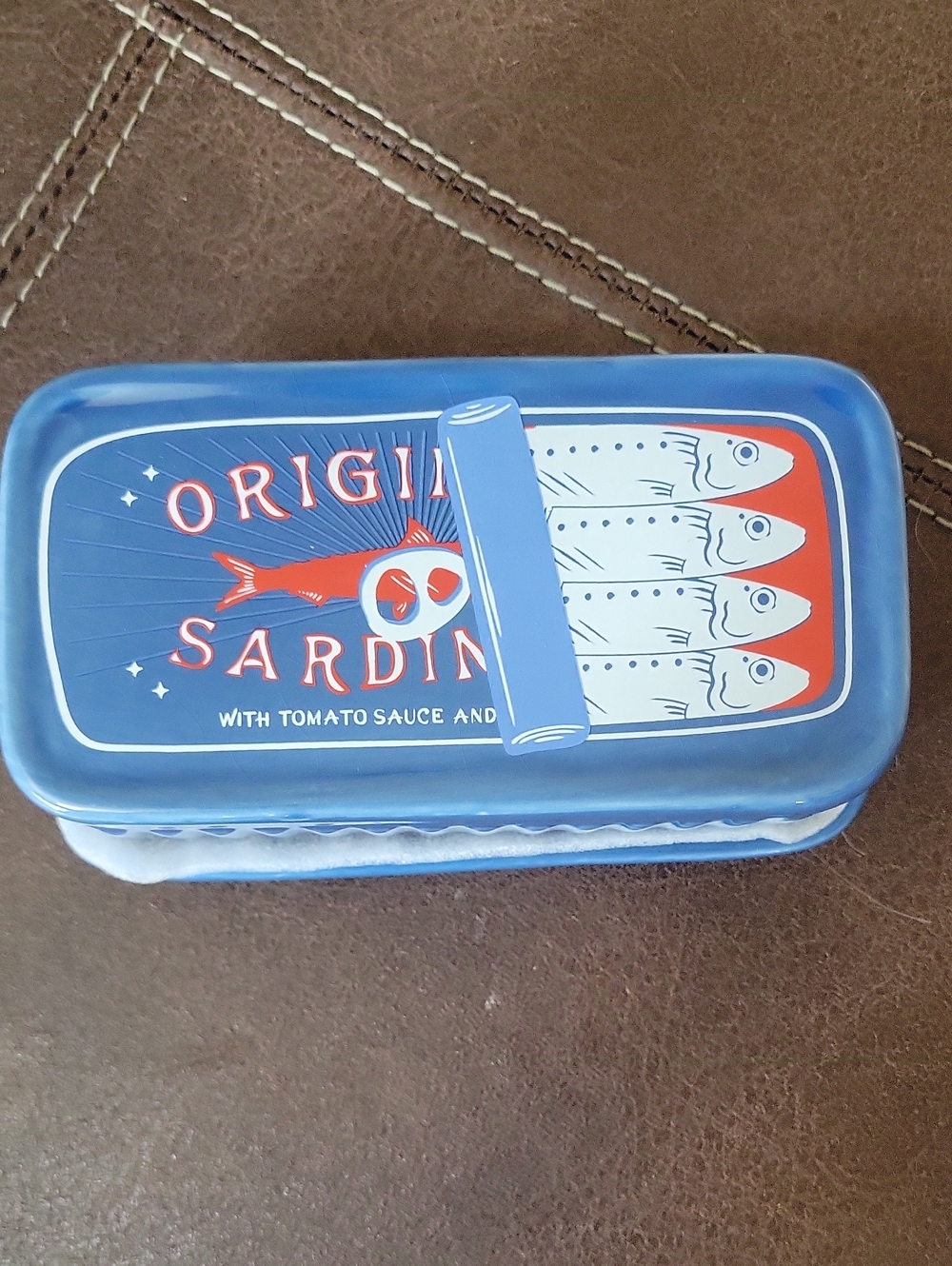 Hobby Lobby Blue and Red Sardine Butter Dish